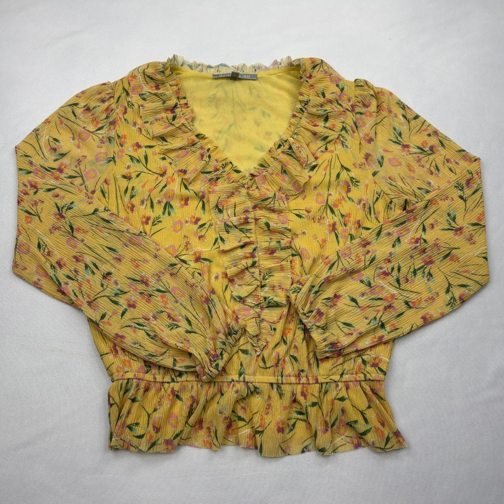 Daniel Rainn Mesh Blouse‎ Womens XS Yellow Floral Smocked Peplum Ruffle Top